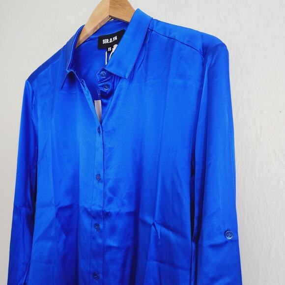 Ser.O.Ya Retrofête Karry Silk Asymmetrical Button Down Royal Blue XS NWT - Picture 7 of 13